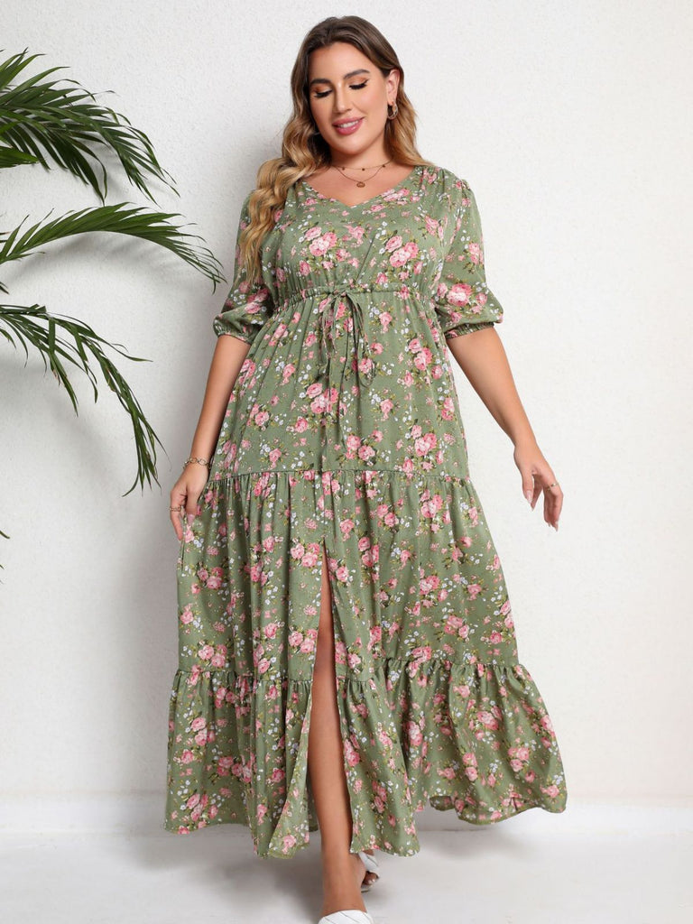 [Plus Size] 1970s Green Floral V-Neck Tiered Maxi Dress - vintage dress, retro fashion, floral print for vintage lovers