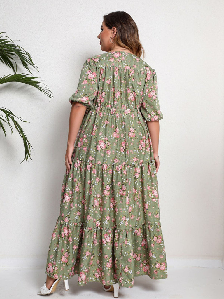[Plus Size] 1970s Green Floral V-Neck Tiered Maxi Dress - vintage dress, retro fashion, floral print for vintage lovers