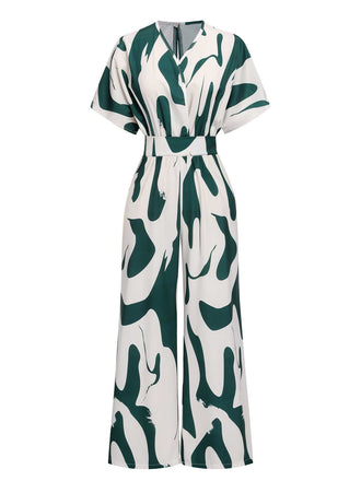 She finds her 1940s story in this Green 1940s Print Wide-Leg Jumpsuit