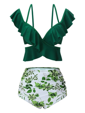Green 1940s Ruffles Floral Spaghetti Strap Swimsuit: timeless style reimagined