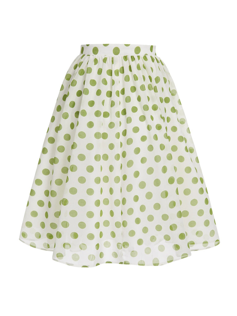 This Green 1940s Schiffon Polka Dots Skirt spins 1940s stories with every step