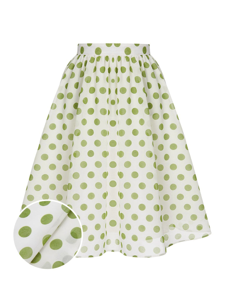 Green 1940s Schiffon Polka Dots Skirt: 1940s grace for the woman who dances through life