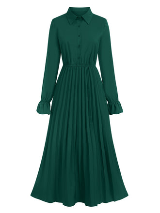 Green 1940s Solid Pleated Shirt Collar Dress, vintage dress, retro fashion - perfect for women who love vintage and retro fashion