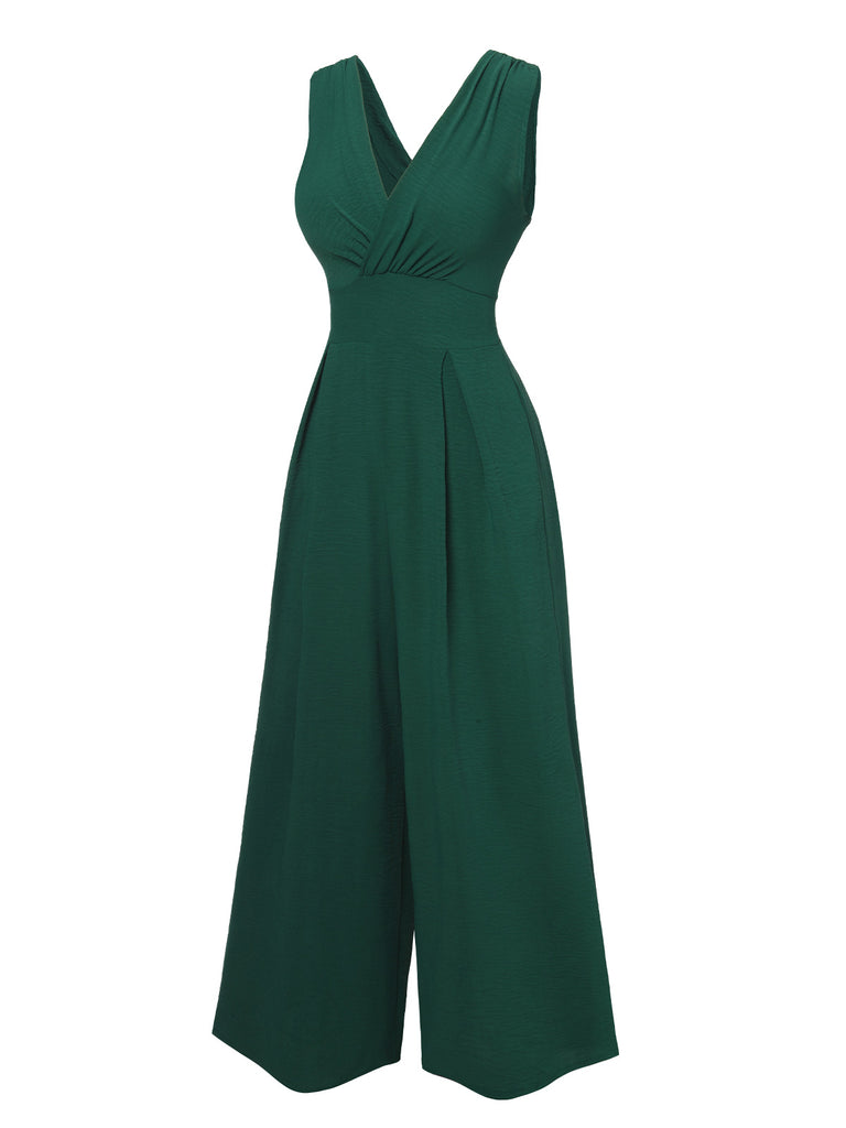 Green 1940s Solid V-Neck Wide-Leg Jumpsuit, vintage romper, retro jumpsuit - perfect for women who love vintage and retro fashion
