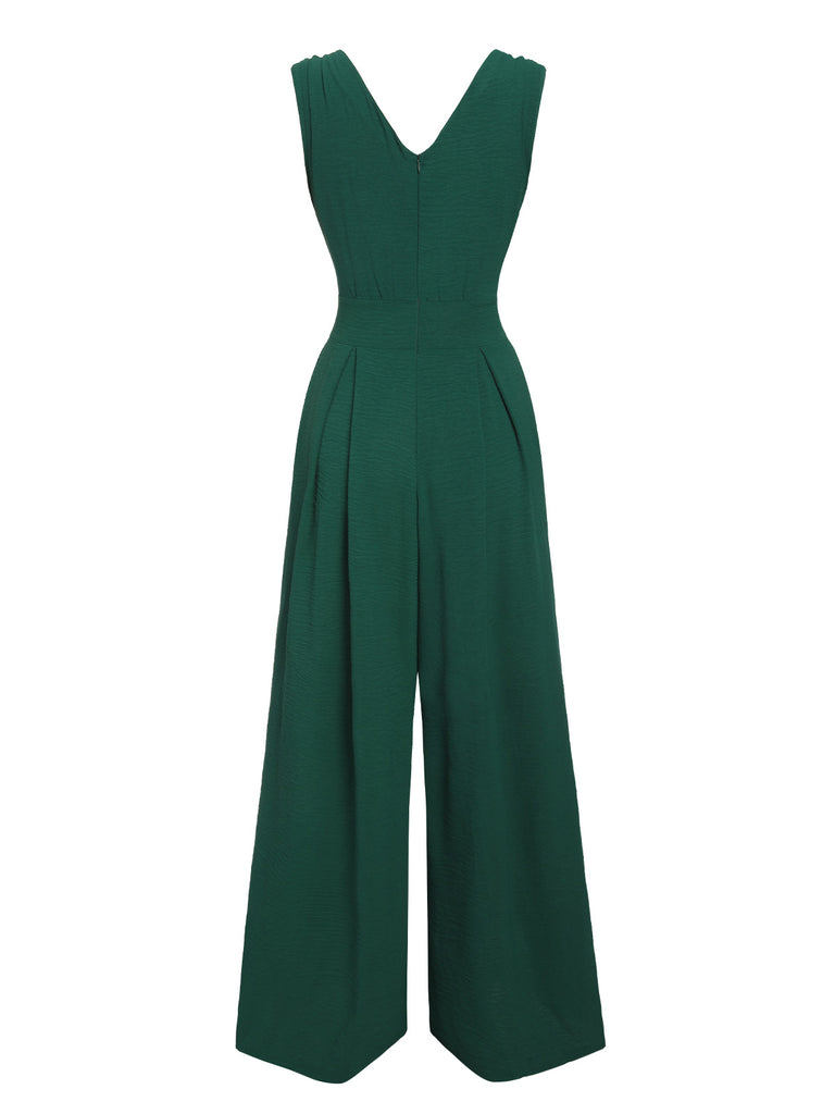 Green 1940s Solid V-Neck Wide-Leg Jumpsuit, vintage romper, retro jumpsuit - perfect for women who love vintage and retro fashion