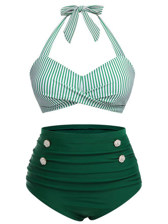 [Plus Size] Green 1940s Striped Halter Swimsuit, vintage swimsuit, pin-up swimwear - perfect for women who love vintage and retro fashion
