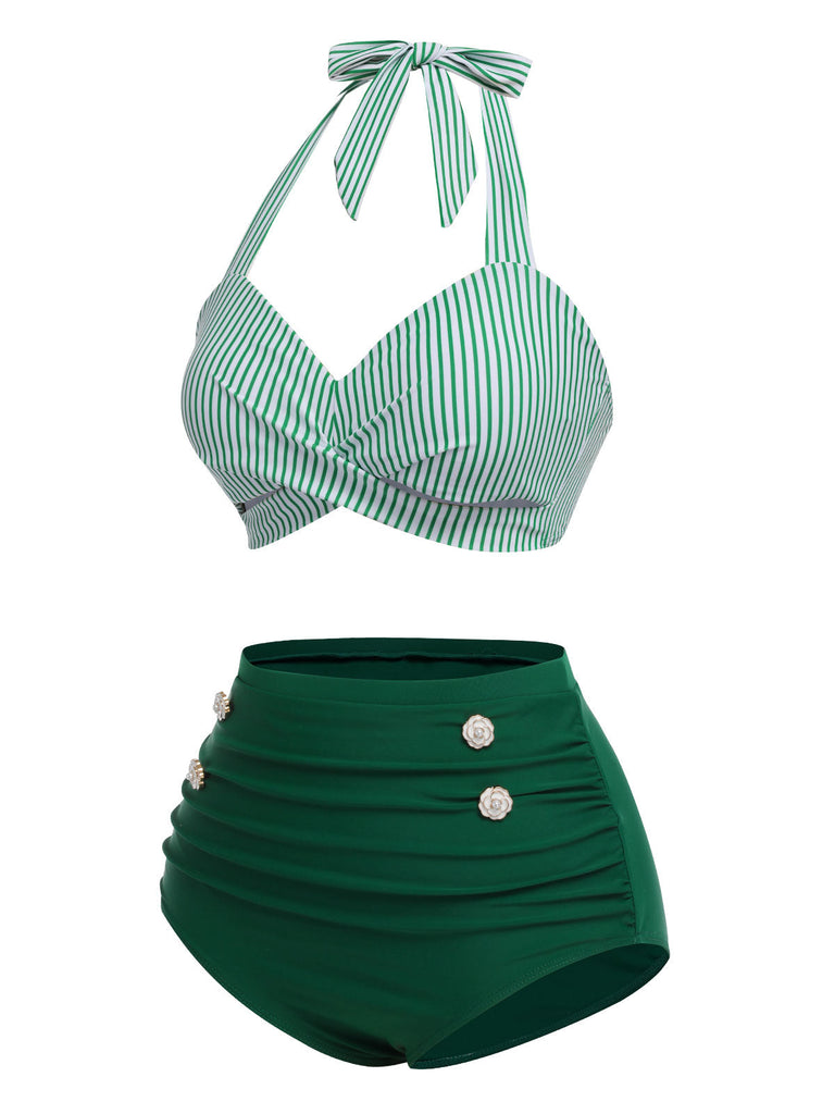 Green 1940s Striped Halter Swimsuit Set — 1940s poolside glamour meets sun-drenched confidence