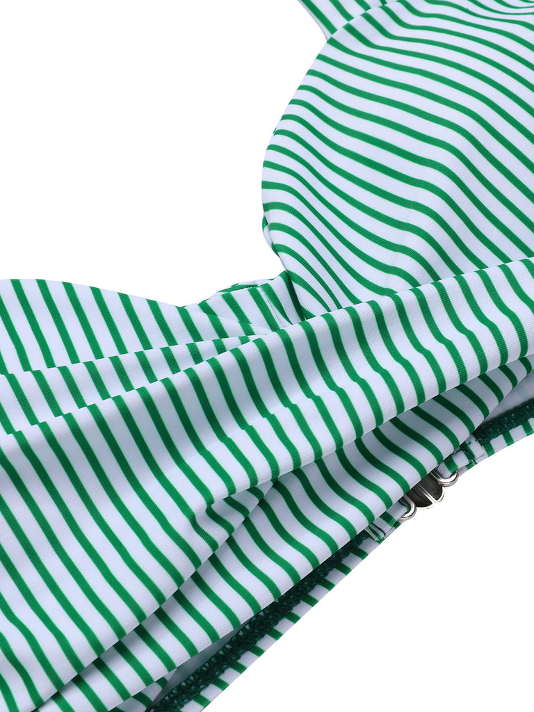 Green 1940s Striped Halter Swimsuit Set: 1940s Riviera elegance, reimagined for her