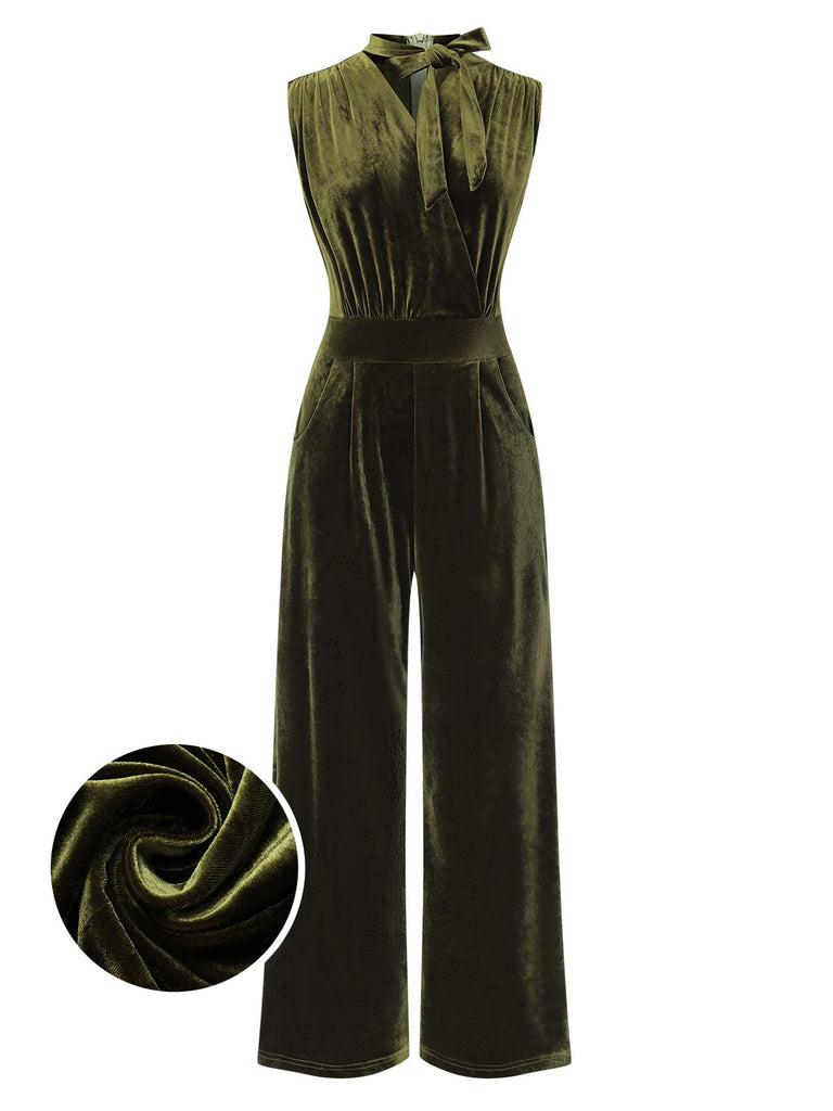 Green 1940s Tie Neck Velvet Jumpsuit, vintage romper, retro jumpsuit - perfect for women who love vintage and retro fashion