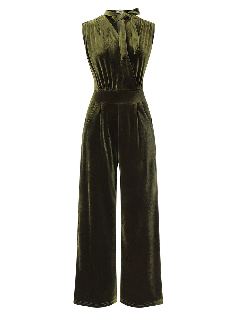 Green 1940s Tie Neck Velvet Jumpsuit, vintage romper, retro jumpsuit - perfect for women who love vintage and retro fashion
