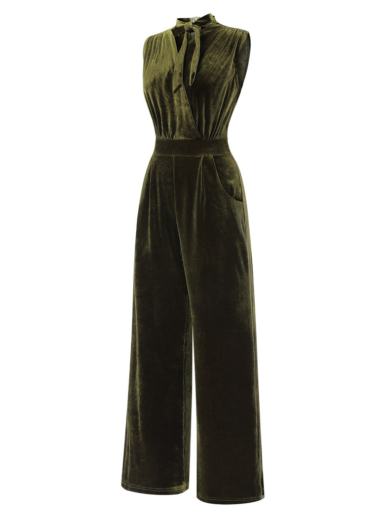 Green 1940s Tie Neck Velvet Jumpsuit, vintage romper, retro jumpsuit - perfect for women who love vintage and retro fashion