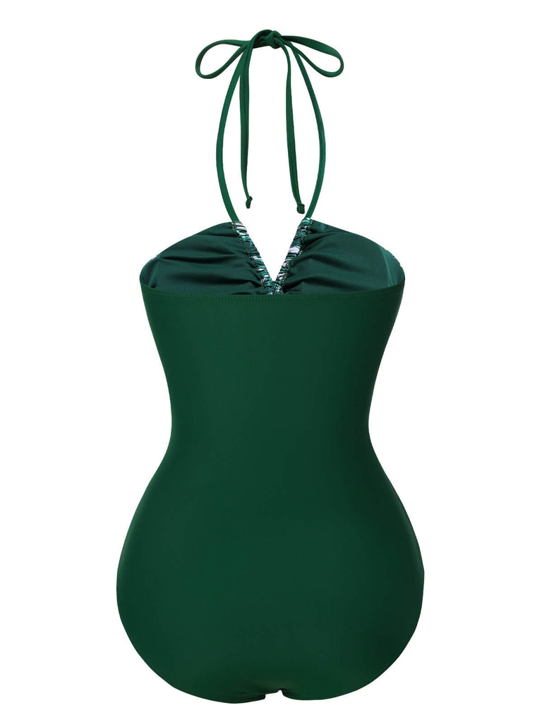 This Green 1940s Tropical Hollow Out One-Piece Swimsuit carries 1940s vacation dreams in every stitch