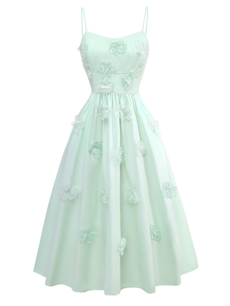 Green 1940s U-Neck Solid Jacquard Pure Cotton Dress - vintage dress, retro fashion