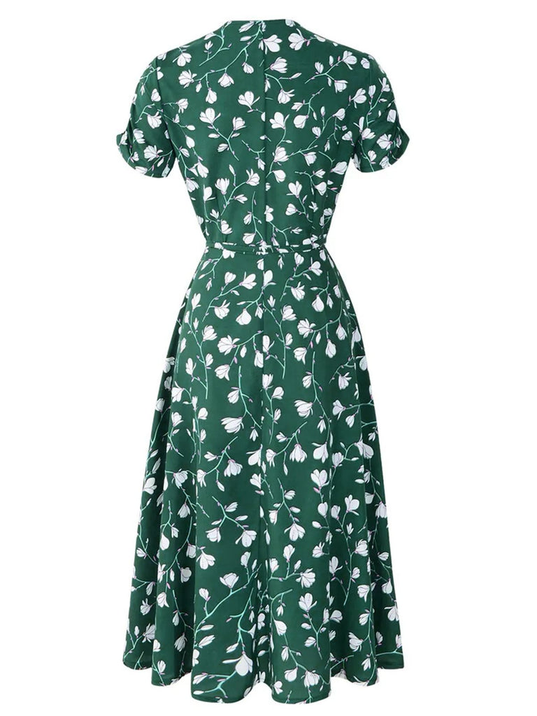 Green 1940s V-Neck Floral Dress: where 1940s romance meets her modern spirit