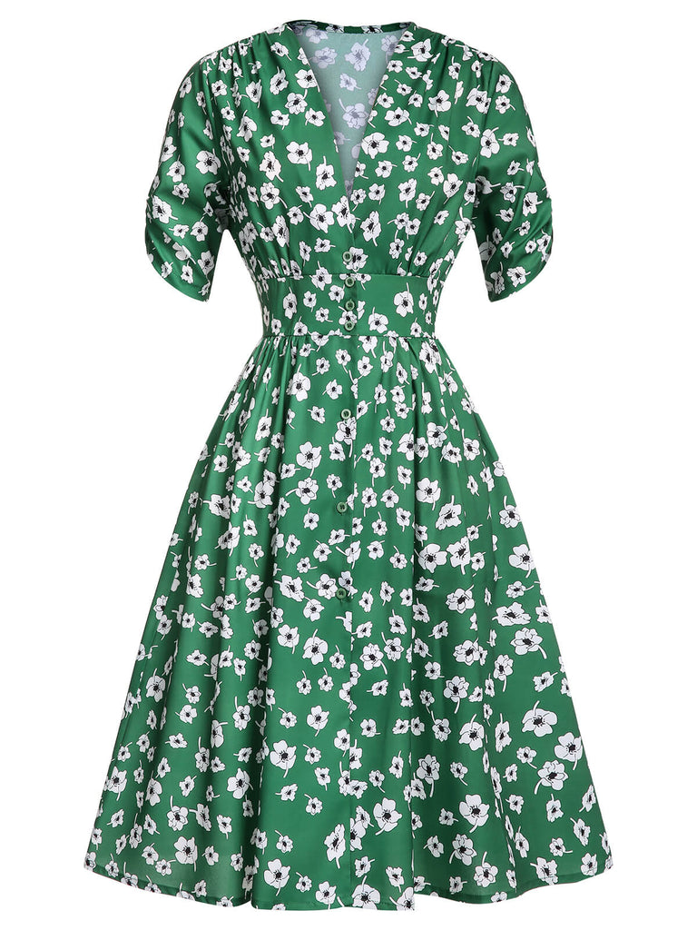Green 1940s V-Neck Floral Dress, vintage dress, retro fashion, floral print - perfect for women who love vintage and retro fashion