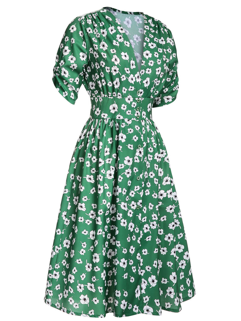 Green 1940s V-Neck Floral Dress, vintage dress, retro fashion, floral print - perfect for women who love vintage and retro fashion