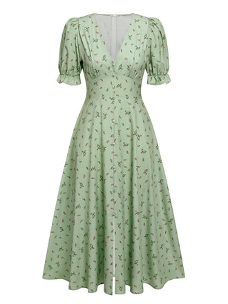Green 1940s V-Neck Floral Lantern Sleeves Dress, vintage dress, retro fashion, floral print - perfect for women who love vintage and retro fashion