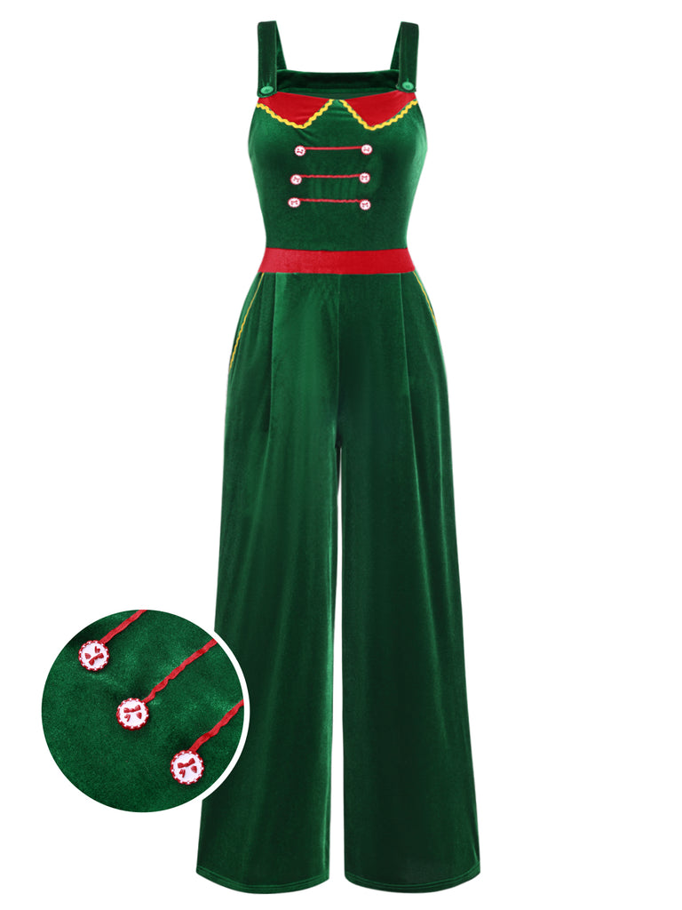 Green 1940s Velvet Button-Embellished Jumpsuit, vintage romper, retro jumpsuit - perfect for women who love vintage and retro fashion