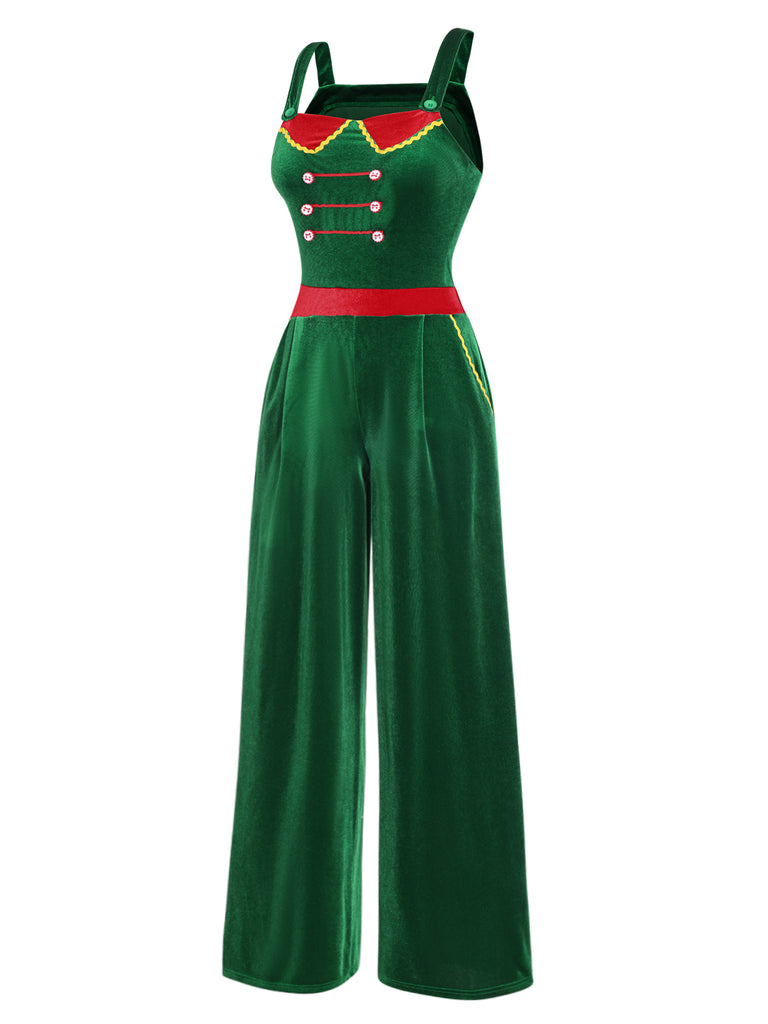 Green 1940s Velvet Button-Embellished Jumpsuit, vintage romper, retro jumpsuit - perfect for women who love vintage and retro fashion