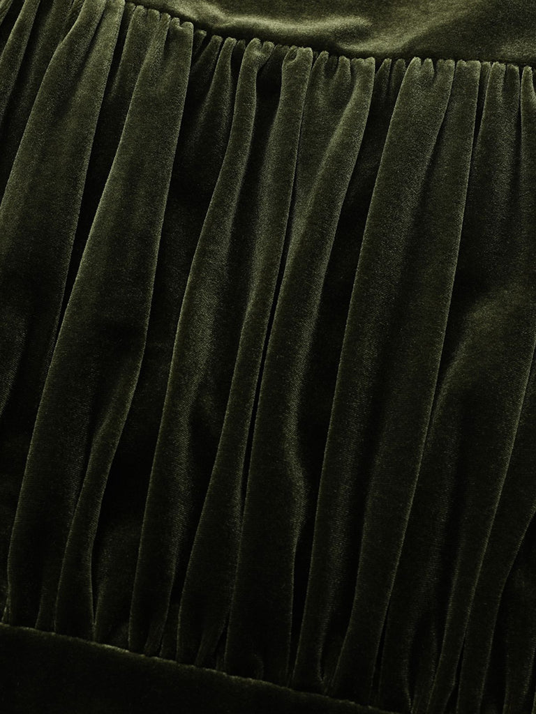 Green 1940s Velvet Deep-V Puff Sleeve Ruched Dress - vintage dress, retro fashion