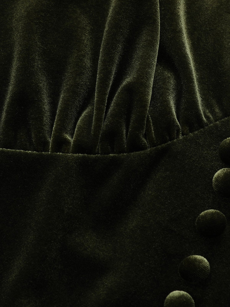 Green 1940s Velvet Deep-V Puff Sleeve Ruched Dress - vintage dress, retro fashion