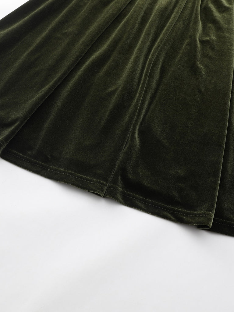 Green 1940s Velvet Deep-V Puff Sleeve Ruched Dress - vintage dress, retro fashion