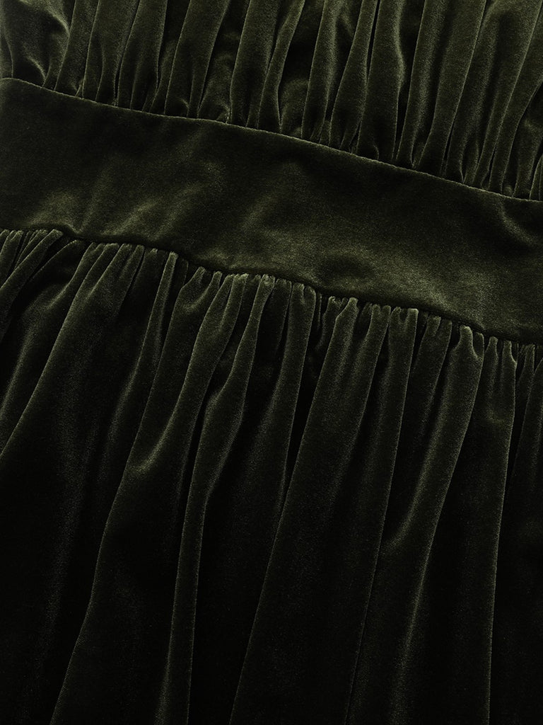 Green 1940s Velvet Deep-V Puff Sleeve Ruched Dress - vintage dress, retro fashion