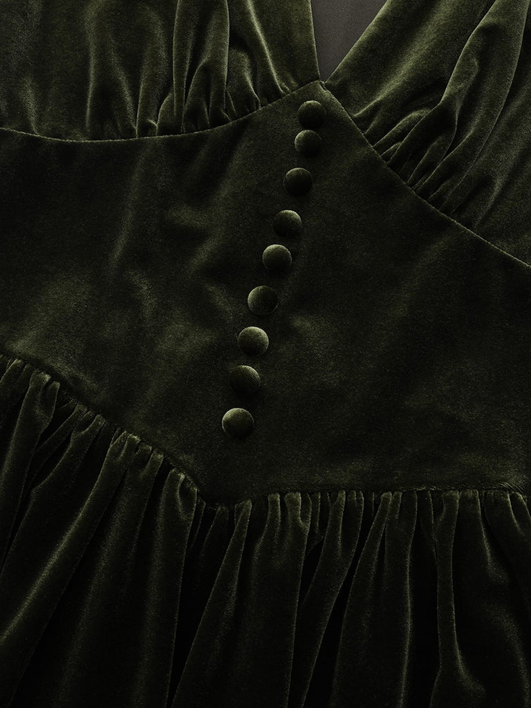 Green 1940s Velvet Deep-V Puff Sleeve Ruched Dress - vintage dress, retro fashion