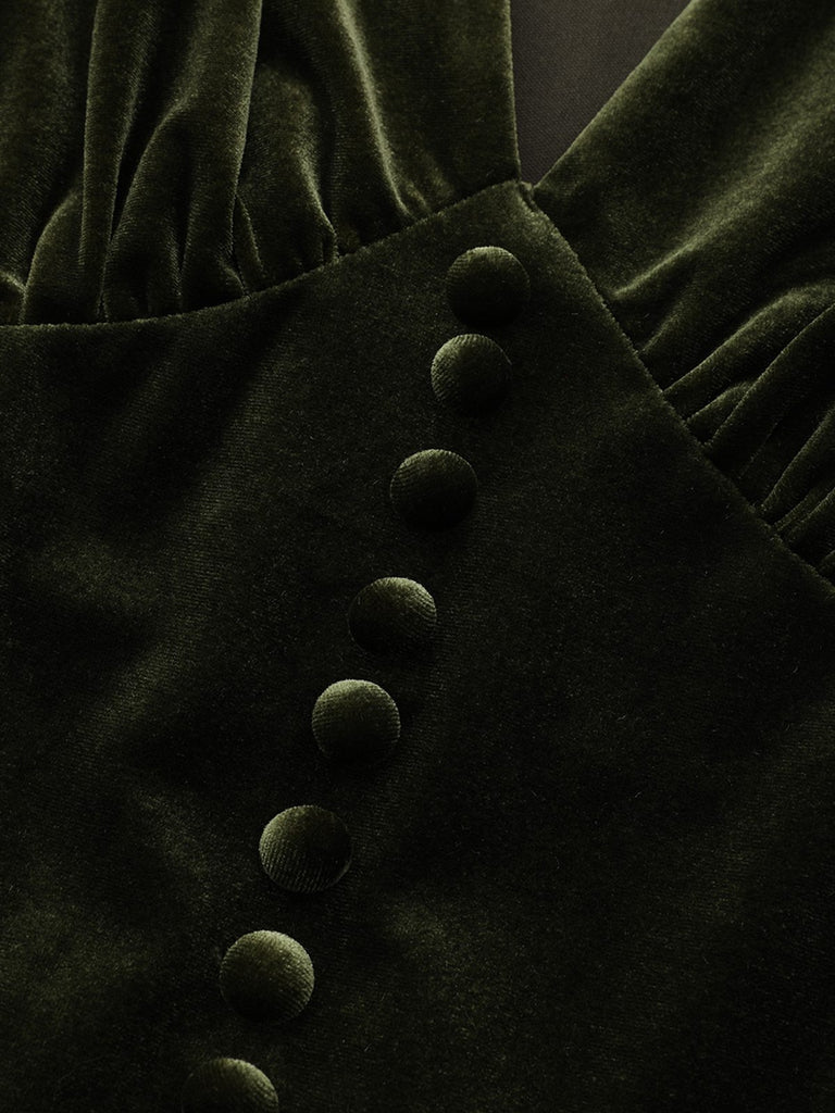 Green 1940s Velvet Deep-V Puff Sleeve Ruched Dress - vintage dress, retro fashion