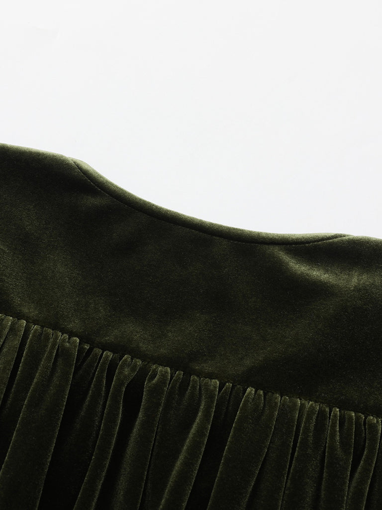 Green 1940s Velvet Deep-V Puff Sleeve Ruched Dress - vintage dress, retro fashion