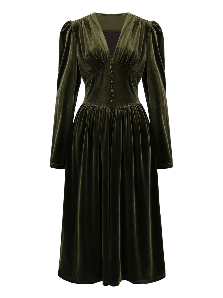 Green 1940s Velvet Deep-V Puff Sleeve Ruched Dress - vintage dress, retro fashion