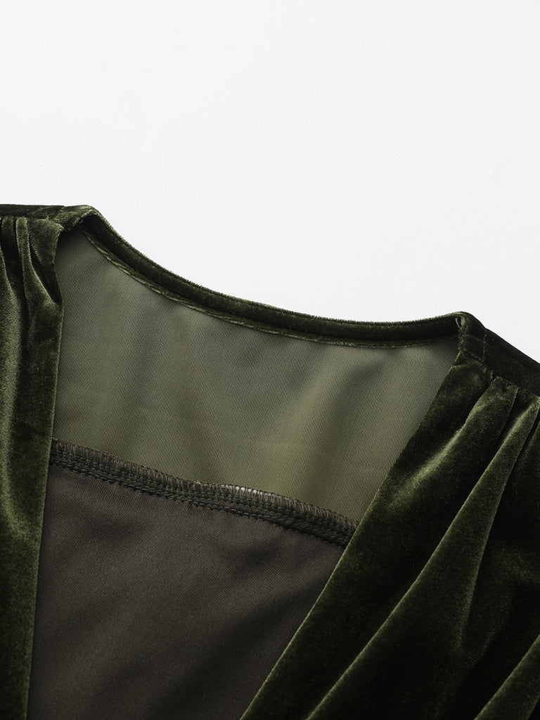 Green 1940s Velvet Deep-V Puff Sleeve Ruched Dress - vintage dress, retro fashion