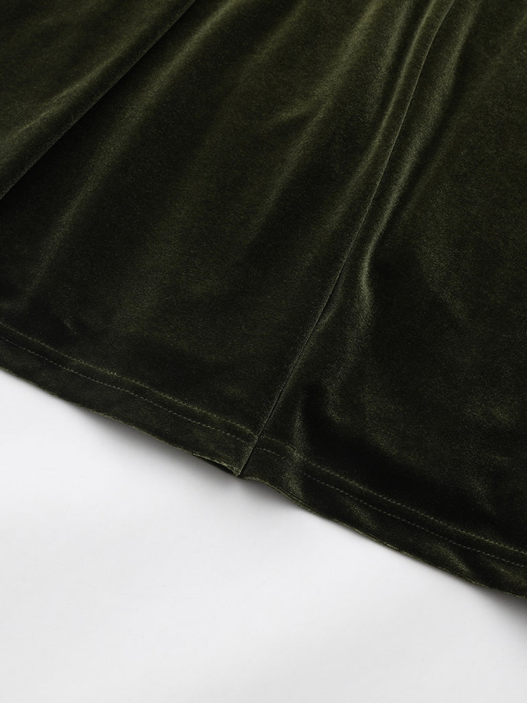Green 1940s Velvet Deep-V Puff Sleeve Ruched Dress - vintage dress, retro fashion