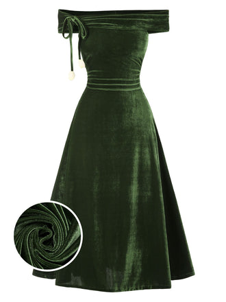 Green 1940s Velvet Ruched Off-Shoulder Bardot Dress, vintage dress, retro fashion - perfect for women who love vintage and retro fashion