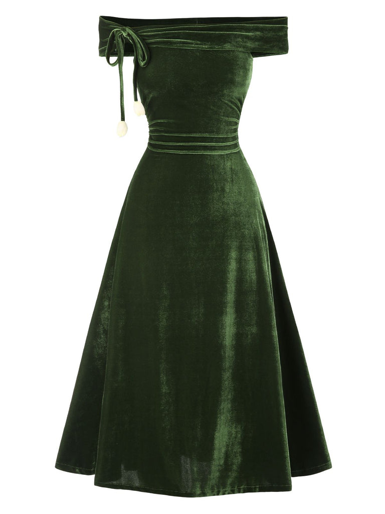 Green 1940s Velvet Ruched Off-Shoulder Bardot Dress, vintage dress, retro fashion - perfect for women who love vintage and retro fashion