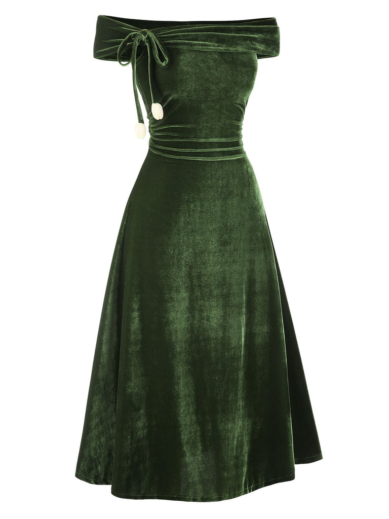 Green 1940s Velvet Ruched Off-Shoulder Bardot Dress, vintage dress, retro fashion - perfect for women who love vintage and retro fashion