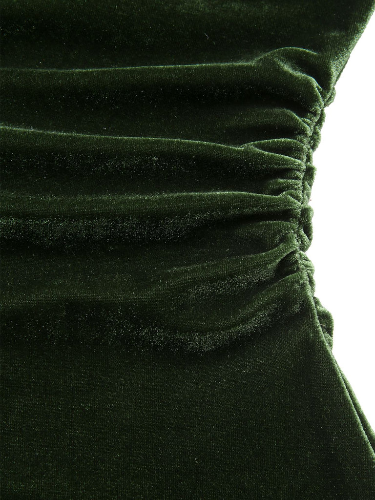 Green 1940s Velvet Ruched Off-Shoulder Bardot Dress, vintage dress, retro fashion - perfect for women who love vintage and retro fashion