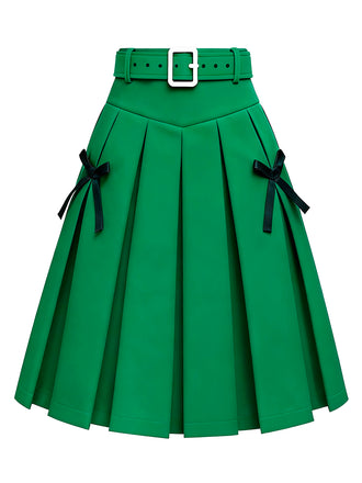 Green 1950s Bow Solid Belted Pleated Skirt - vintage skirt, retro style
