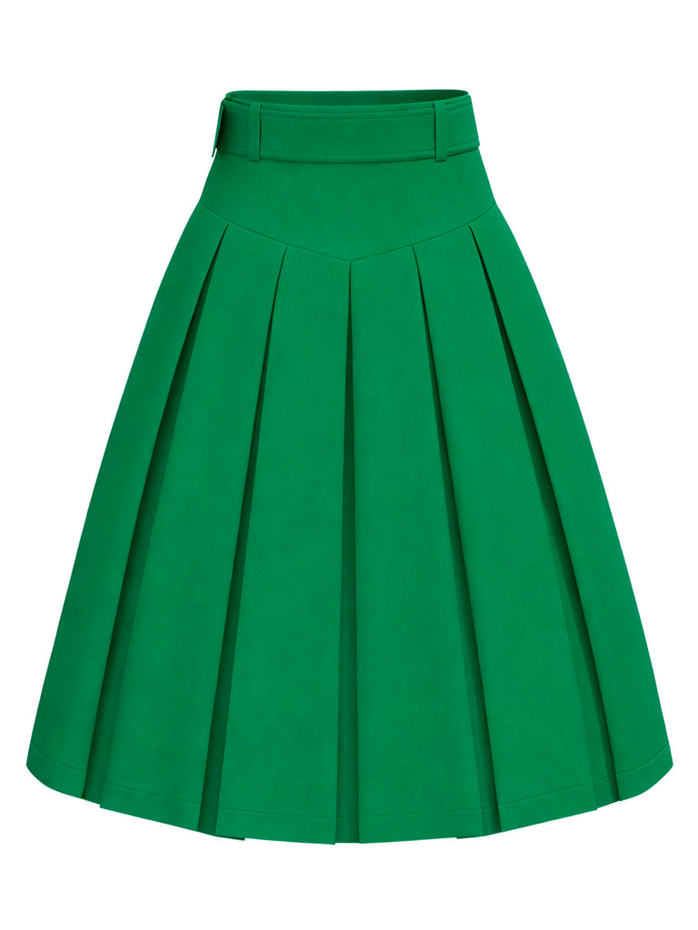 Green 1950s Bow Solid Belted Pleated Skirt - vintage skirt, retro style