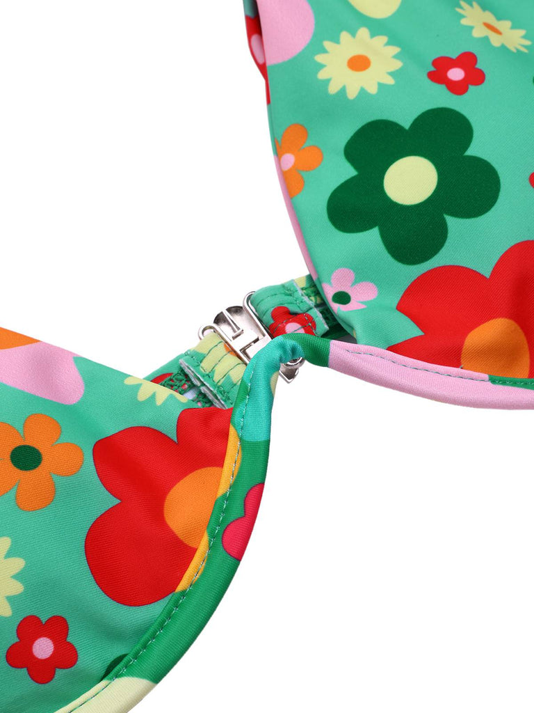Green 1950s Cartoon Floral Bikini Set, vintage swimsuit, pin-up swimwear - perfect for women who love vintage and retro fashion