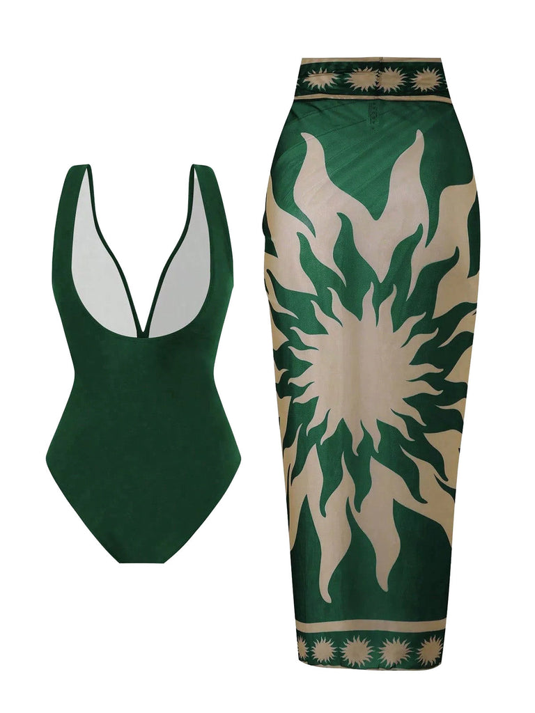 Green 1950s Deep V One-Piece Swimsuit & Mesh Cover-Up - vintage swimsuit, pin-up swimwear for vintage lovers