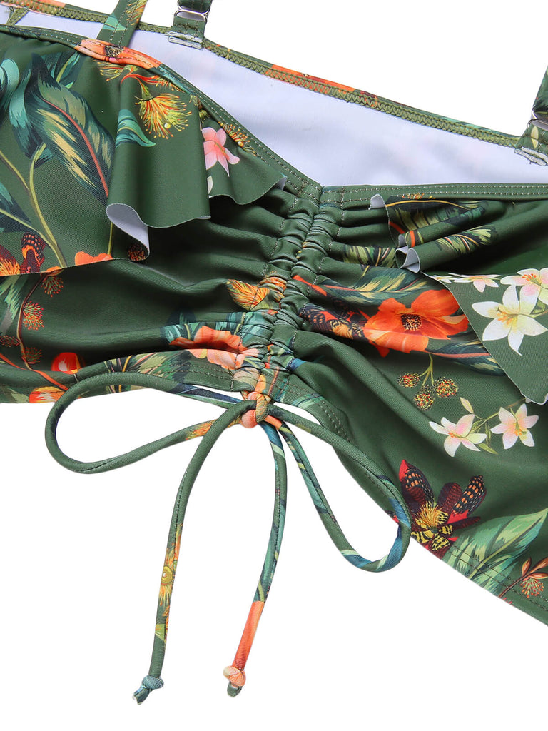 [Plus Size] Green 1950s Floral Drawstring Swimsuit Set, vintage swimsuit, pin-up swimwear - perfect for women who love vintage and retro fashion