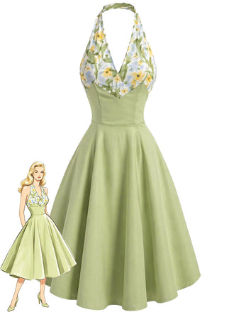 Gray Green 1950s Floral V Neck Patchwork Dress
