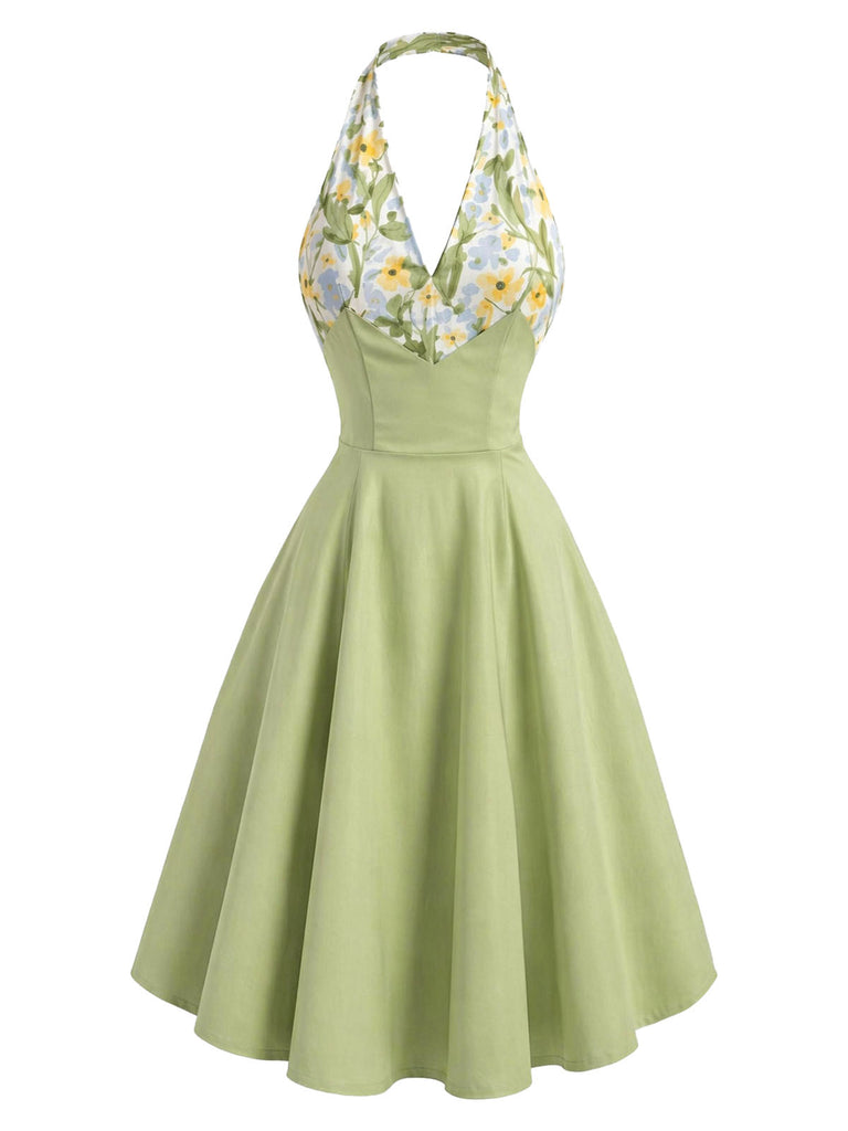 Gray Green 1950s Floral V Neck Patchwork Dress 2