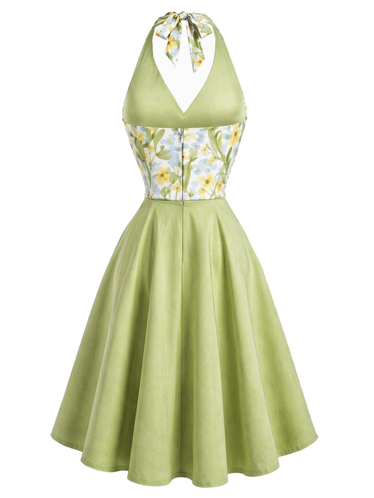 Gray Green 1950s Floral V Neck Patchwork Dress 3
