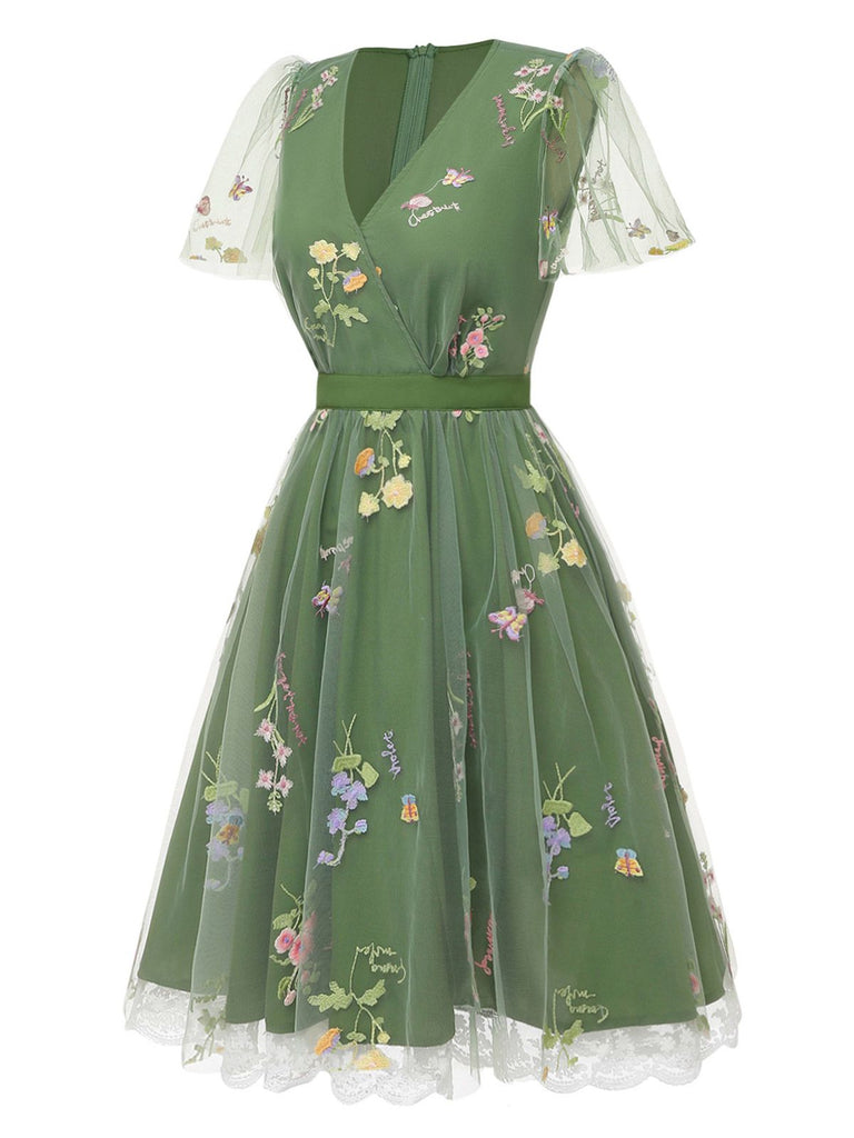Green 1950s Floral Puff Sleeve Mesh Embroidered Dress - vintage dress, retro fashion, rockabilly