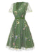 Green 1950s Floral Puff Sleeve Mesh Embroidered Dress - vintage dress, retro fashion, rockabilly