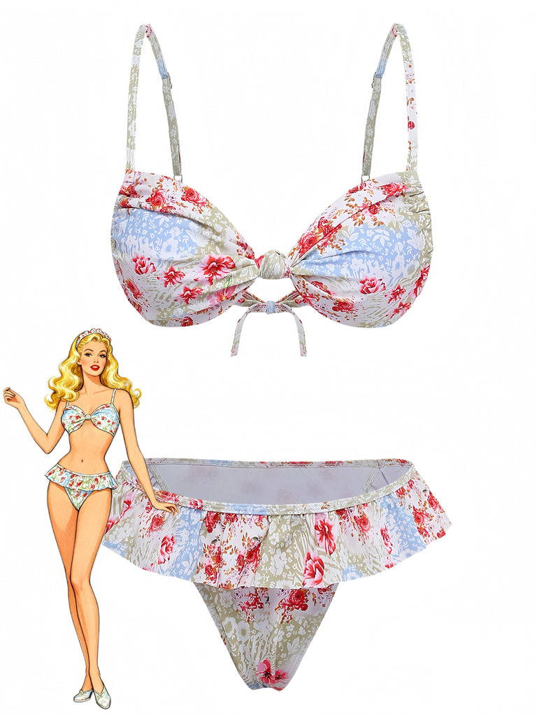 Green 1950s Floral Ruffle Bikini Set - vintage swimwear, retro swimsuit, pin-up style for vintage lovers