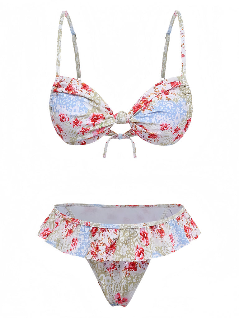 Green 1950s Floral Ruffle Bikini Set | vintage swimwear, retro swimsuit, pin-up style - perfect for retro fashion enthusiasts