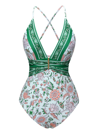 She's wearing Green 1950s Floral Spaghetti Strap Swimsuit and the whole beach remembers the 1950s